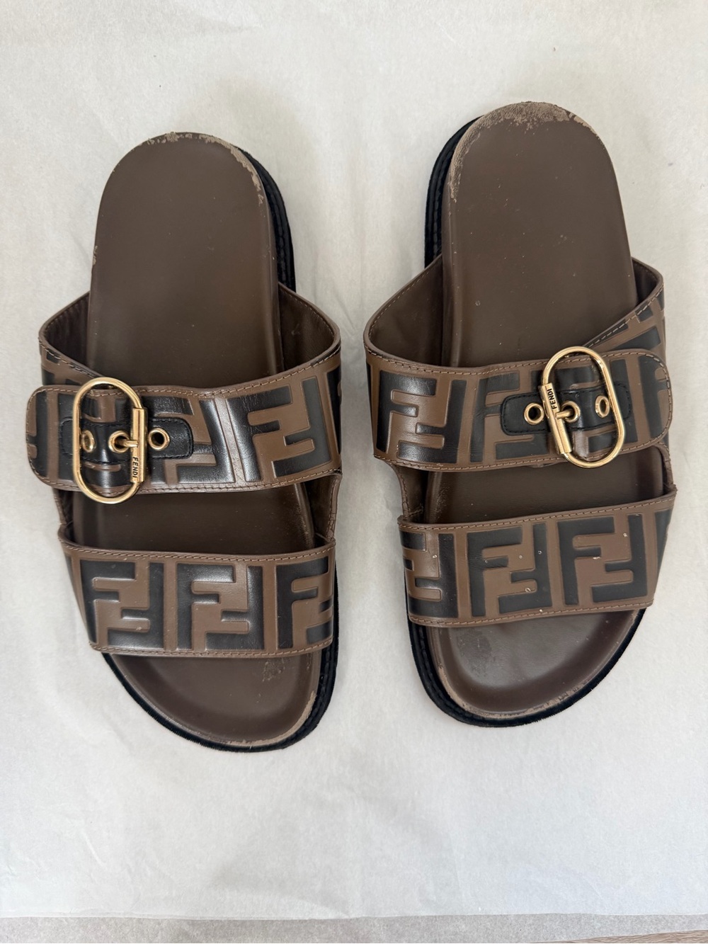 Fendi FF Logo Buckle Slide Sandals Brown Black Size 38